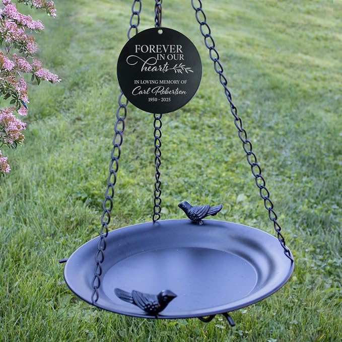 Personalized Memorial Bird Bath, Forever in Our Hearts Outdoor Home and Garden Decor, Custom Memorial Gifts, Hanging Sympathy Birdbath, in Memory of Bereavement Bird Bath Gift