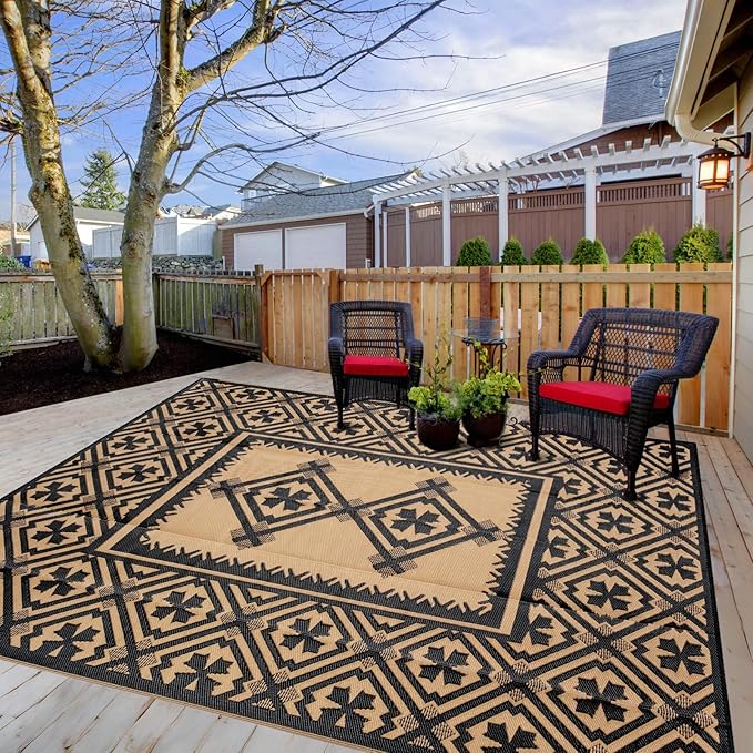 Alfolo Outdoor Rugs 9x12 for Patios Clearance Brown Outdoor Plastic Straw Rug Black and Brown Outdoor Rug Waterproof Reversible Outside Mat with Durable Edges Double Woven Patio,Porch,Rv Camping Rug