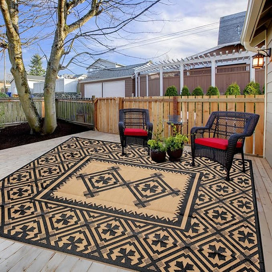 Alfolo Outdoor Rugs 9x12 for Patios Clearance Brown Outdoor Plastic Straw Rug Black and Brown Outdoor Rug Waterproof Reversible Outside Mat with Durable Edges Double Woven Patio,Porch,Rv Camping Rug