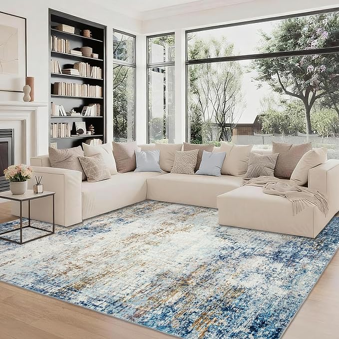 Washable 10x14 Area Rug: Blue Rugs for Living Room Dining Room Bedroom Office Indoor - Non-Slip Modern Large Carpet Home Decor - 10x14 Mottled Blue