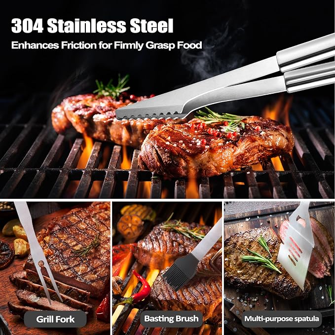 Papa Gifts, Grilling Accessories, Heavy Duty Stainless Steel Grill Set BBQ Grill Tools for Outdoor Grill with Aluminum Case, Papa Grill Utensils Ideal Christmas Grilling Gift for Men(Black)