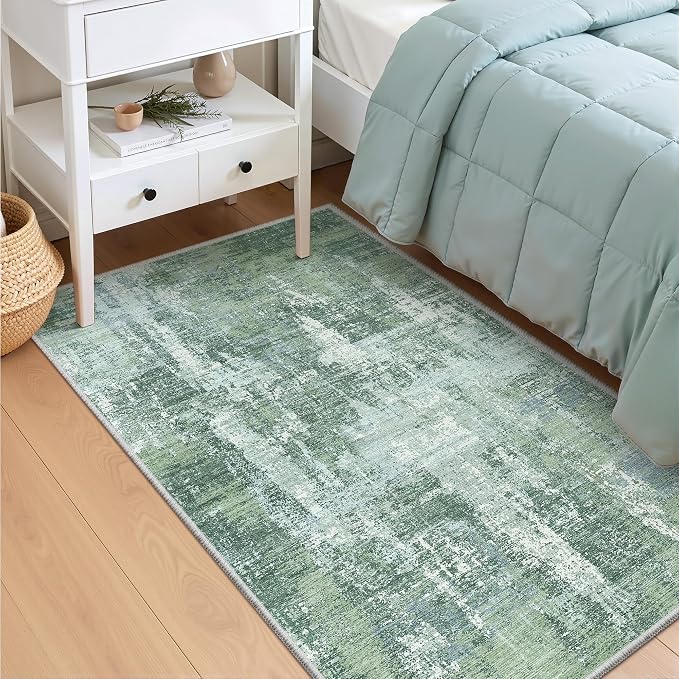 Valenrug 3x5 Rug, Abstract Washable Entryway Rug for Bedroom Sage Green | Soft & Lighweight, Folable, Stain Resistant Low Pile Thin Indoor Distressed Carpet Rugs for Living Room,Laundry Room,Kitchen