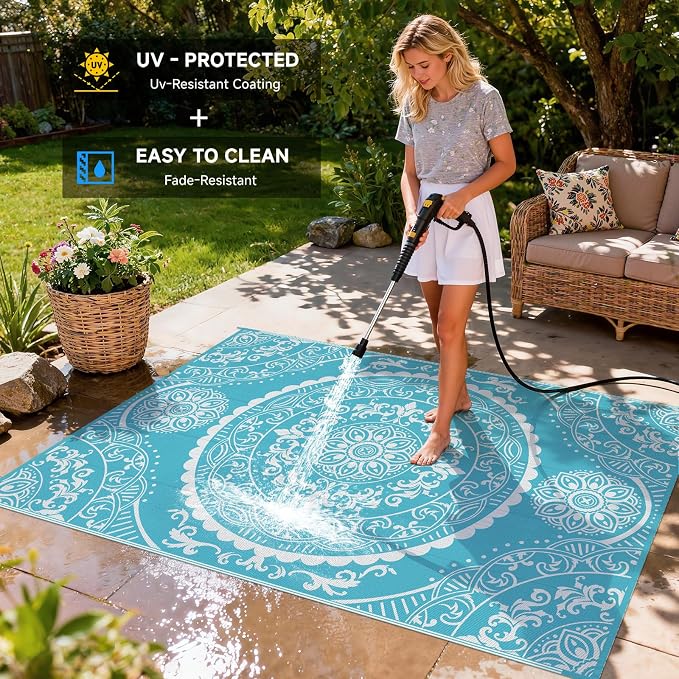 Pauwer Waterproof Outdoor Rug 6x9, Reversible Plastic Straw Patio Camping Rug, Indoor Outdoor RV Mat Carpet for Deck, Camper, Porch, Balcony, Backyard, Picnic, Paisley Teal