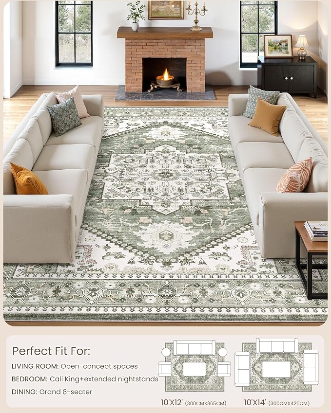 Washable Area Rug-10X14 Vintage Neutral Soft Green | Non Slip Thin Foldable Large Floor Carpet for Living Room Bedroom Kitchen Dining Room Home Office Farmhouse Indoor