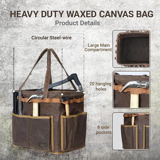 Self-Standing Tool Bag with 6 Pockets & 23 Hanging Holes - Collapsible Reusable Wire Frame Rectangular Basket, Easy Tool Access, 14" x 13" x 10" | Grey