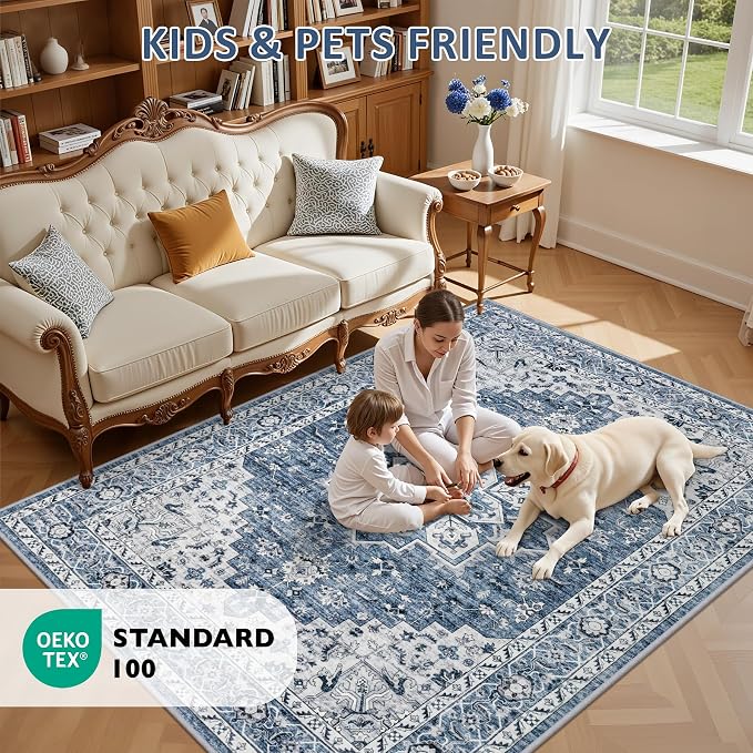 10x14 Area Rugs Living Room: Washable Vintage Rug for Bedroom Blue | Vintage No Slip Stain Resistant Rug Soft Indoor Decor Floor Floral Area Rugs for Dining Room, Nursery, Hallway, Home Office
