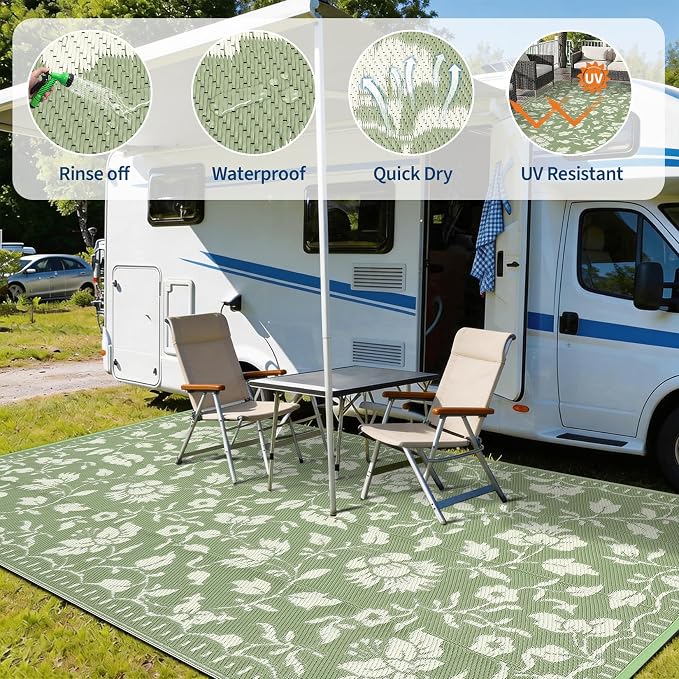 Garvee 5x8 Outdoor Patio Rug, Floral Waterproof Outdoor Rug for Camping with Portable Bag, Vintage Plastic Straw RV Rugs for Outside, Reversible Mats for Picnic Backyard Porch Balcony, Green
