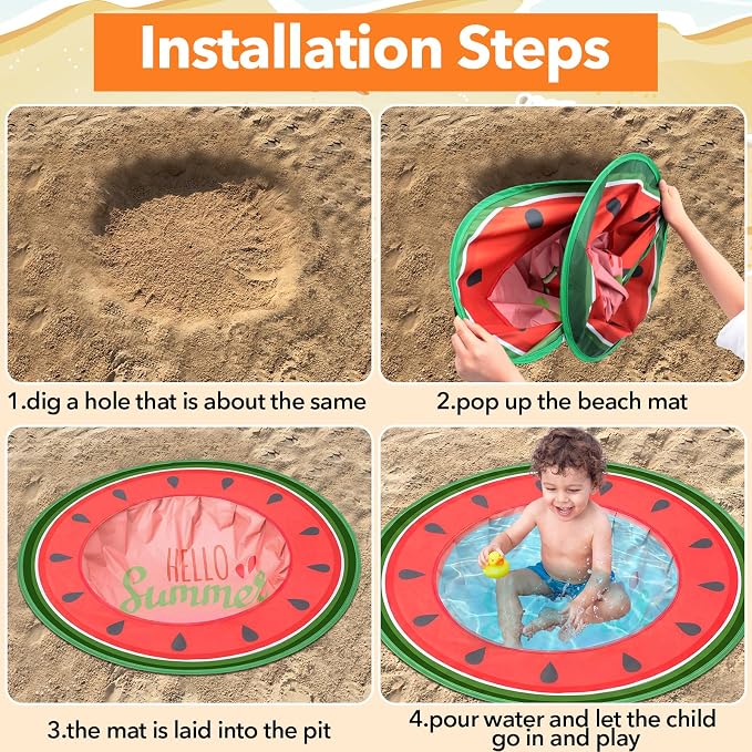 Hungdao Pop up Baby Beach Pool Portable Beach Pool for Toddler Cute Toddler Paddling Pit with Water Bag and Storage Bag for Infant Kids Boy Girl Outdoor Summer Camping Travel Vacation(Watermelon)