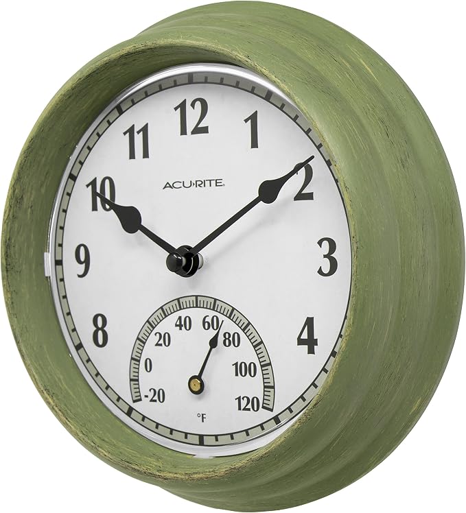 AcuRite 02470 Rustic Green Outdoor Clock with Thermometer, 8.5"