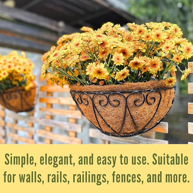 LaLaGreen Outdoor Wall Planters (4 Pack, 12 Inch) Black Metal Wall Mounted Hanging Basket with Coco Liner, Flower Pot Plant Holder Semi-Circle Planter for Fence Railing Deck Porch Balcony Garden Decor
