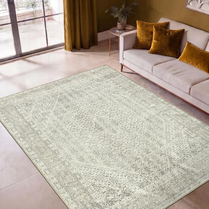 Keen Home Design Vintage Washable Area Rug, Non-Slip Low Pile, 4x6 | Machine Washable Cotton Chenille, 0.25In Low Pile, Rubber Non-Slip Back; Kitchen, Entryway, Bedroom, Dining Room