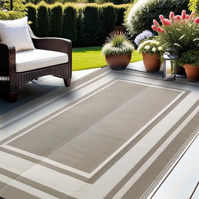 RURALITY Outdoor Rugs 6x9 Feet Waterproof for Patios Clearance,Plastic Straw Mats for Backyard,Porch,Deck,Balcony,Reversible,Easy to Clean, Modern Geometric