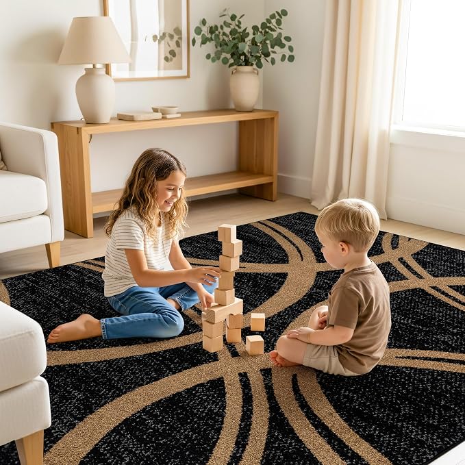 Rugshop Wavy Circles Modern Non-Shedding Area Rug Camel 5'3" x 7'3" | Rectangular, Size 5'3" x 7'3", Living Room, Bedroom, Dining Room, Home Office, Kitchen, Entryway, Hallway, Nursery, Kids Room
