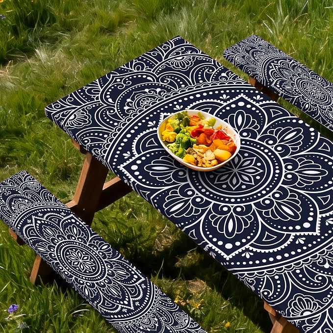 Picnic Table Cover with Bench Covers 6FT 3PCS, Camping Essentials,Rectangle Fitted Camping Tablecloth Waterproof with Elastic Edge for Indoor Outdoor Patio, 96in, Black and White