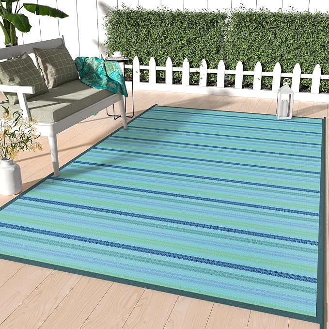 GENIMO Outdoor Rug for Patio Clearance, 6'x9' Reversible Plastic Straw Rugs, Lightweight Waterproof RV Camping Mat for Camper, Balcony, Deck, Backyard, Picnic, LightBlue