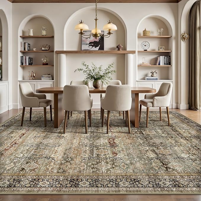 9x12 Area Rugs for Living Room - Washable Vintage Retro Large Rug, Soft Ultra Thin Non Slip Low Pile Traditional Distressed Boho Carpet for Bedroom Dining Room Home Office, Charcoal Olive