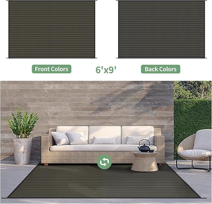 GENIMO Outdoor Rug for Patio Clearance, 6'x9' Reversible Plastic Straw Rugs, Lightweight Waterproof RV Camping Mat for Camper, Balcony, Deck, Backyard, Picnic, Black & Brown