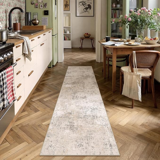 2x8 Beige Modern Abstract Washable Runner Rug for Hallway | Low Pile, Non Slip, Modern Abstract Style, Soft Long Hallway Runner for Kitchen, Entryway, Laundry, Bedroom, Home Decor