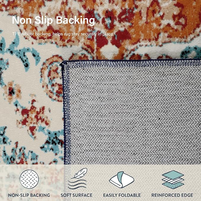 Lahome Bohemian Floral Medallion Area Rug - 5x7 Oriental Distressed Large Bedroom Rug, Soft Non-Slip Washable Dining Room Mat Indoor Throw Nursery Floor Carpet for Guest Room Entryway