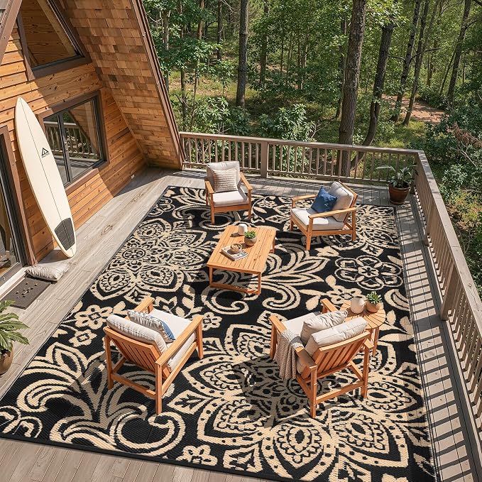 Findosom Waterproof Outdoor Rug 6' x 9' - Reversible Mandala Outdoor Plastic Straw Rug, Durable Foldable Patio Rug for RV, Deck, Balcony, Backyard, Picnic, Porch, Camping, Beach, Black