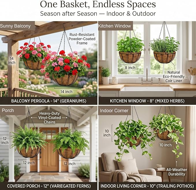 Kingbuy 8" Metal Hanging Basket for Small Succulents & Herbs – 5" Depth Rust-Resistant Wire with Coconut Liner & Chain for Kitchen Window, Balcony & Small Spaces - 1 Pack