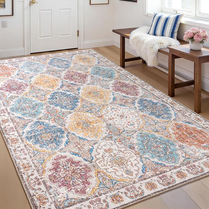 Moroccan Boho Floral Geometric Patchwork Washable 5x8 Large Area Rug | Vintage Distressed Non Slip Throw Carpet for Bedroom Livingroom Kitchen Hallway Entryway Office Dining Room Docer, Colorful