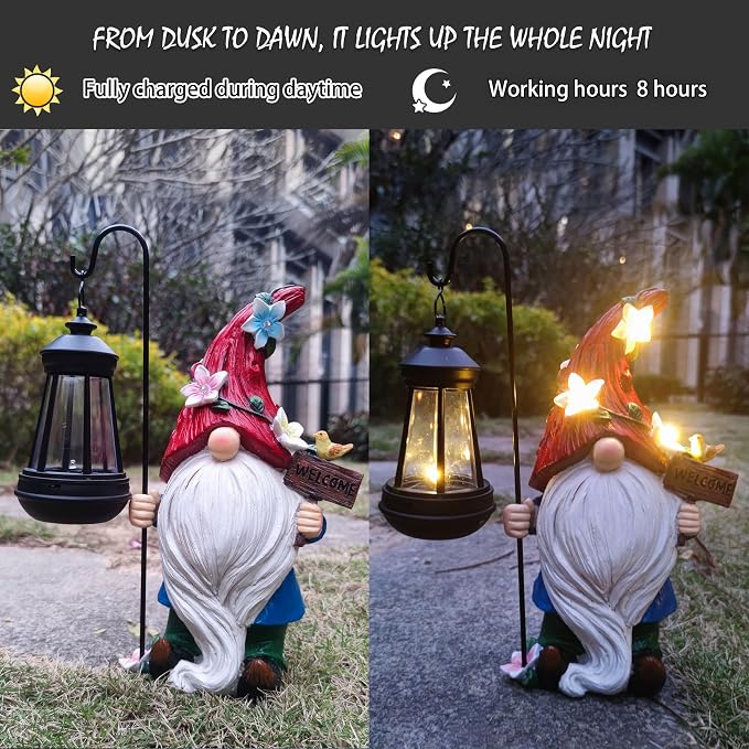 Solar Garden Gnomes Statue with Succulent and LED Lights - Solar Lantern Gnomes Decorations for Yard Outdoor gnome Decorations for Garden, Patio Gnome Gifts for Mom