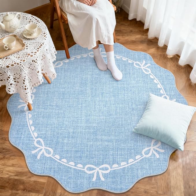 GarveeHome 4ft Round Rugs Washable Scalloped Bow Rug for Bedroom, Blue | Non Slip Soft Low Pile Ultra-Thin Stain Resistant Indoor Carpet for Living Room Nursery Girls Dorm Decor Kids Room Playroom