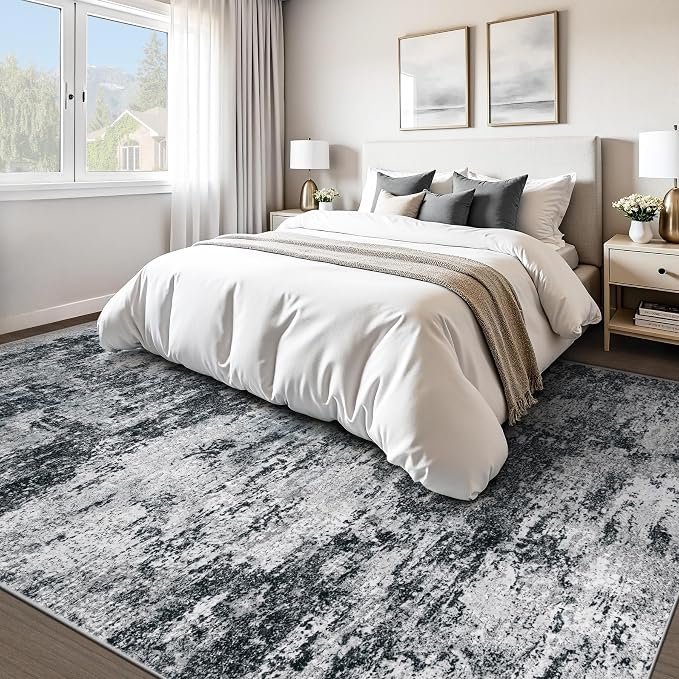 pmtsns Area Rugs 8x10 for Living Room: Washable Rug Modern Abstract Neutral Soft Non-Slip Low-Pile Indoor Large Carpet for Bedroom Dining Room Playroom Home Office (Black Grey, 8'x10')