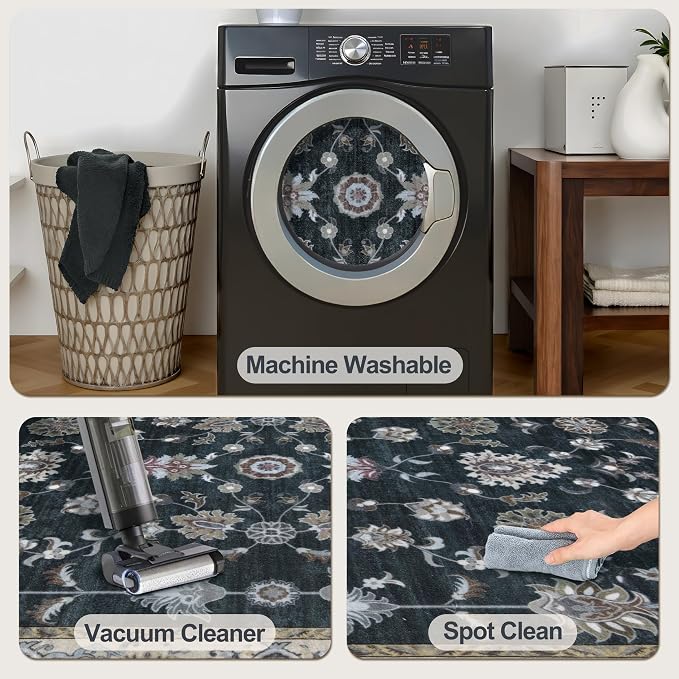 Tangsoo Black 2x3 Washable Rugs for Entryway, Vintage Non Slip Small Rug | Farmhouse Floral Indoor Front Door Rug, Soft Low Pile Door Mat Carpet Throw Rugs for Entry Entrance Kitchen Bedroom Decor