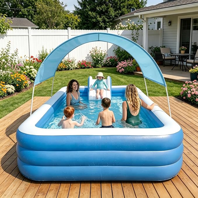 10 FT Inflatable Pool with Water Slide & UV Sun Canopy, 119x68x20 Inch Large Family Blow Up Pool for Kids, Adults & Pets, Heavy Duty PVC for Backyard Summer Water Party