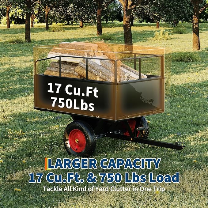 17 Cu.Ft 750Lbs Steel ATV UTV Trailer, Tow Behind Dump Cart, Heavy Duty Pull Behind Removable Sides, Pull Behind Utility Dump Trailer for, Garden, Lawn Mower Tractor