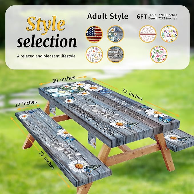 Picnic Table Cover with Bench Covers Elastic,Fitted Table Cloths for Rectangle Tables 6 Foot Washable,Waterproof Tablecloth for Outdoor Camping Essentials Accessories(6 Foot,Vintage Daisy