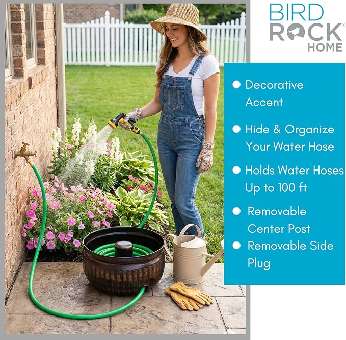 BIRDROCK HOME Water Hose Holder - Decorative Metal Pot, Indoor or Outdoor, Garden Storage Organizer, Patio Portable Bucket - Distressed Bronze, Holds up to 100ft Hoses, Medium No Lid