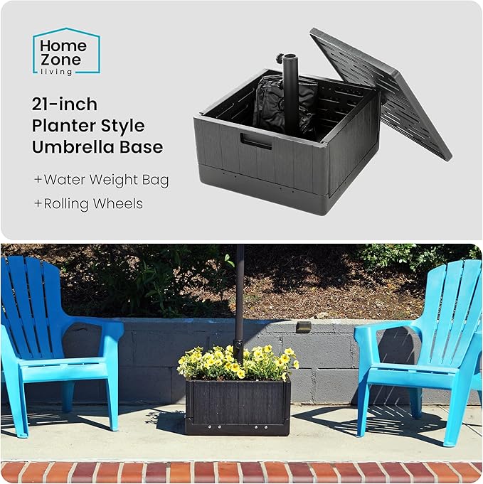 Home Zone Living 119lbs 21" Square Heavy Duty Planter Umbrella Base, 11 Ft | Rolling Wheels & Water Weight Bag for Patio Pool Backyard, Convertible as Table or Planting Box, Supports Up to 11 Ft