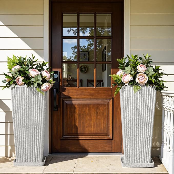 Front Porch Planters Outdoor Set of 2, 24" Tall Plastic Planters for Outdoor Plants with Drainage, Extra Large Outdoor Planter Pots, Tapered Tall Planters for Front Door & Indoor Plants, White