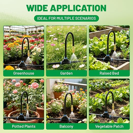 360° Adjustable Micro Drip Irrigation System, 12 Brass Sprinkler Heads & Bendable Stems, Automatic Watering Kit with 1/4" Tubing for Raised Bed, Lawn, Vegetable & Outdoor Plants (50ft)