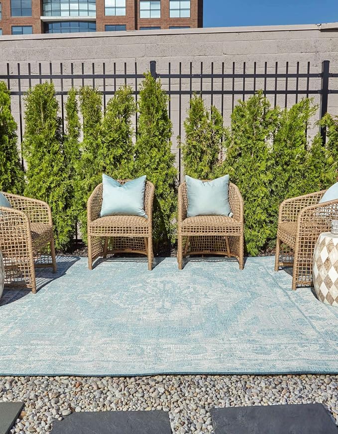 Unique Loom Outdoor Traditional Collection Area Rug - Valeria (10' Square, Aqua/ Ivory)