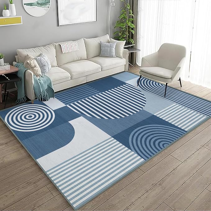 Blue Geometric Area Rug 4x6 for Living Room Rug Machine Washable Minimalist Line Mid Century Modern Rugs Non Slip Low Pile Indoor Floor Carpet for Bedroom Dining Room Laundry Office,Blue