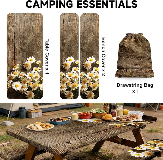 NYZE 3 Pieces Picnic Table Cover with Bench Covers Set, Vintage Wooden Elastic Edge Daisy Camping Tablecloth, Tablecloth Cover with Drawstring Bag, Camping Essentials for Outdoor Picnics, Patio, BBQ