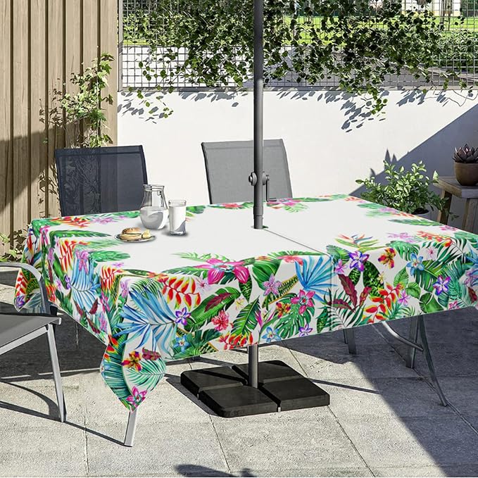 Outdoor Tablecloth with Umbrella Hole and Zipper, Rectangle Patio Table Covers for Spring/Summer, Machine Washable Outdoor Picnic Table Cloth (Tropical, 60" × 102" Rectangular)