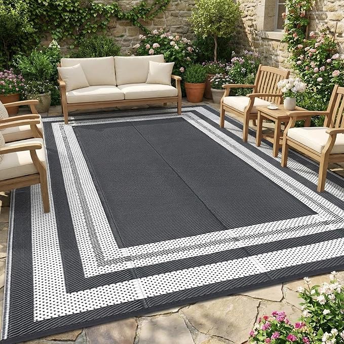 Garvee Outdoor Rug 9x18 Outdoor Patio Rug Reversible Plastic Straw Rugs Waterproof Foldable Mat Easy Clean Lightweight Carpet for Backyard Camping Porch RV Beach Balcony Deck Picnic Panel Grey
