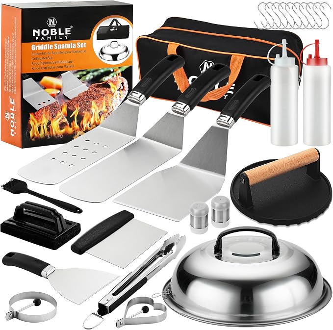N NOBLE FAMILY 27 PCS Griddle Accessories Kit, Flat Top Grill Accessories Set for Camping, Professional Griddle Spatula Set with Melting Dome, Burger Press for Outdoor BBQ Teppanyaki