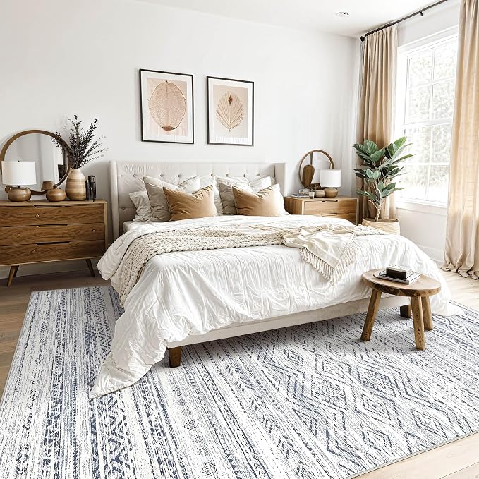 Tortania Area Rug Living Room Rugs- 8x10 Washable Large Soft Neutral Boho Moroccan Bohemian Farmhouse Rug Indoor Floor Carpet for Bedroom Under Dining Table Home Office Decor - Dark Blue