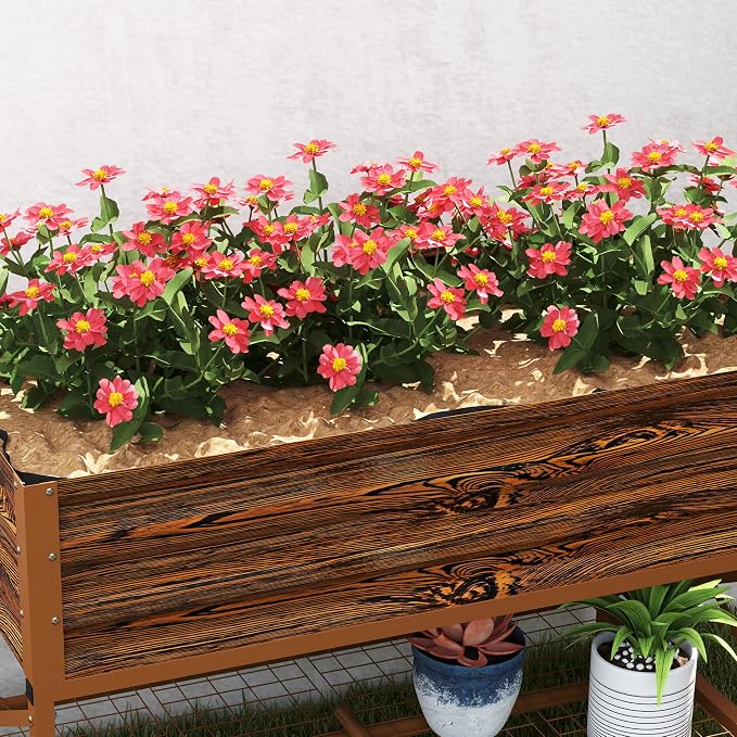 Outsunny Raised Garden Bed with Galvanized Steel Frame, Storage Shelf and Bed Liner, Elevated Planter Box with Legs for Vegetables, Flowers, Herbs, Dark Brown