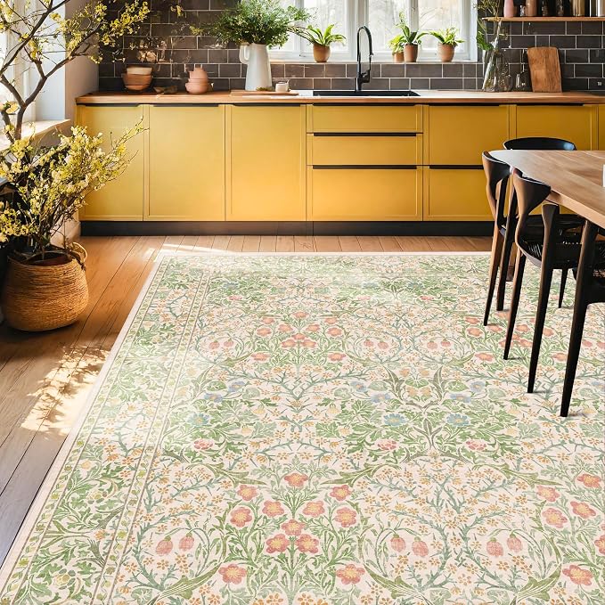 Light Green Bedroom Rug, 7x10 Washable Area Rug Non-Slip for Living Room, Nursery, Kids Room, Dining Room, Vintage Beige Botanical Low Pile Soft Carpet Fade Resistance
