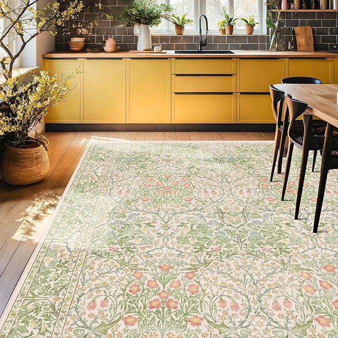 Vintage Washable Beige Green 10x14 Rug for Living Room - Extra Large Area Rug for Dining Room Under Table, Soft Low Pile Carpet for Bedroom - Victorian Forest Floral Design Non-Slip