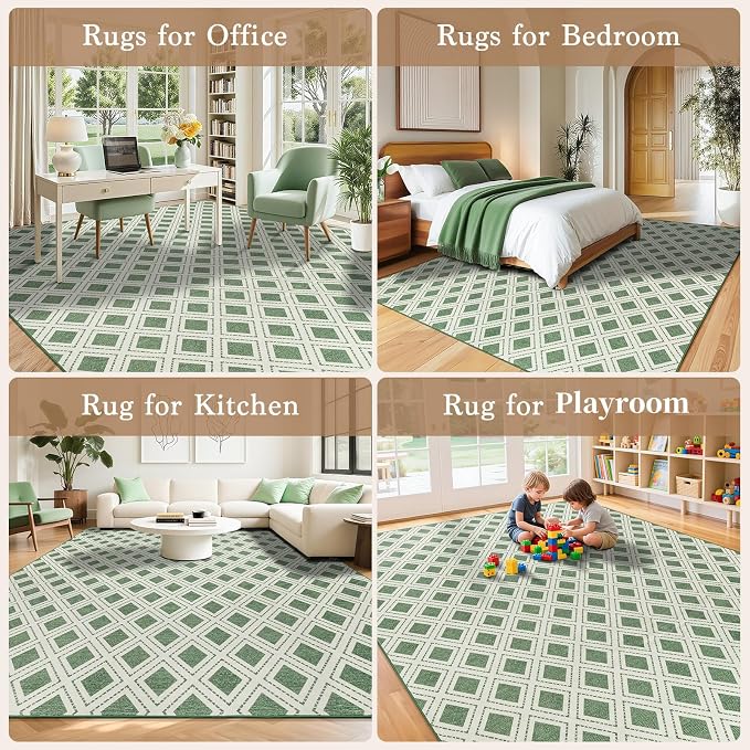 LBRO2M Machine Washable Rug Soft Pet Friendly Carpet 8X10 Green | Checkered Rug 8X10 for Living Room, Bedroom, Dining Room, Home Office, Non Slip Carpet, Foldable Stain Resistant Rugs
