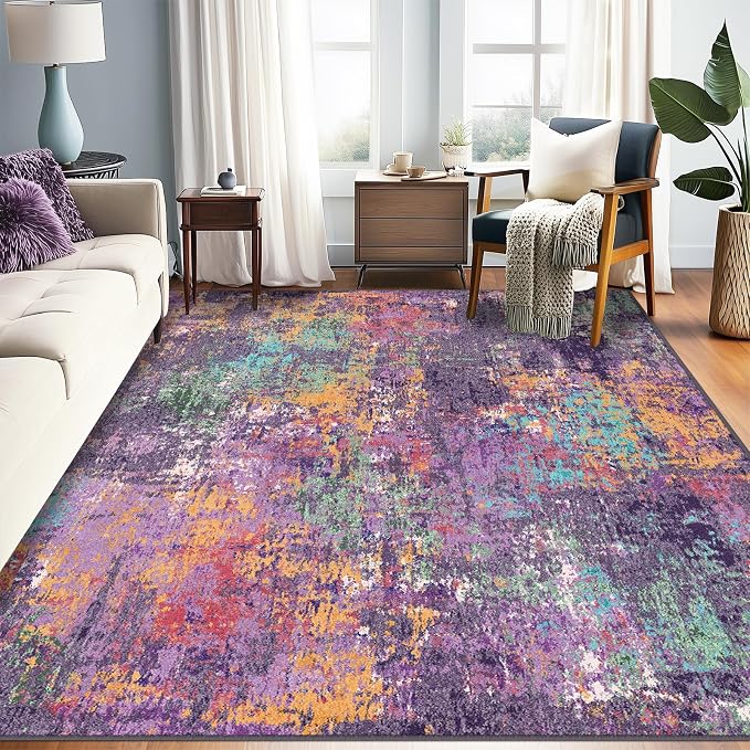 RELEANY Washable 6'x9' Abstract Area Rug for Living Room Purple Multi | Carpet for Bedroom, Kitchen, Office, Hallway and Entryway, Printed Pattern, Non‑Slip, Soft, Stain‑Resistant, Easy to Clean