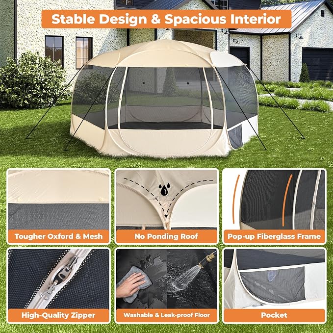 EighteenTek XXLarge Popup Portable Dog Houses, 10'x4.8'H Assembly-Free Gazebo-Style Dog Cot Cat Playpen Screen Pet Tent Sun Shade Shelter Dog Bed with Canopy for Outdoor Anti-Bugs with Leakproof Floor